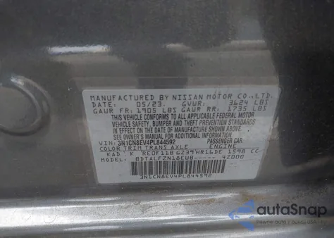 2023 Nissan Versa 1.6 Sv Xtronic Cvt z USA, uszkodzony, nr VIN 3N1CN8EV4PL844592